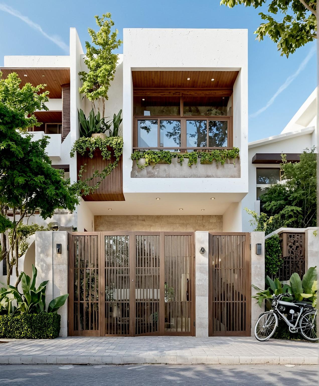 Phối cảnh 3D nhà phố Phan Rang có tường ngoài sơn màu nhạt chịu nắng và hơi muối