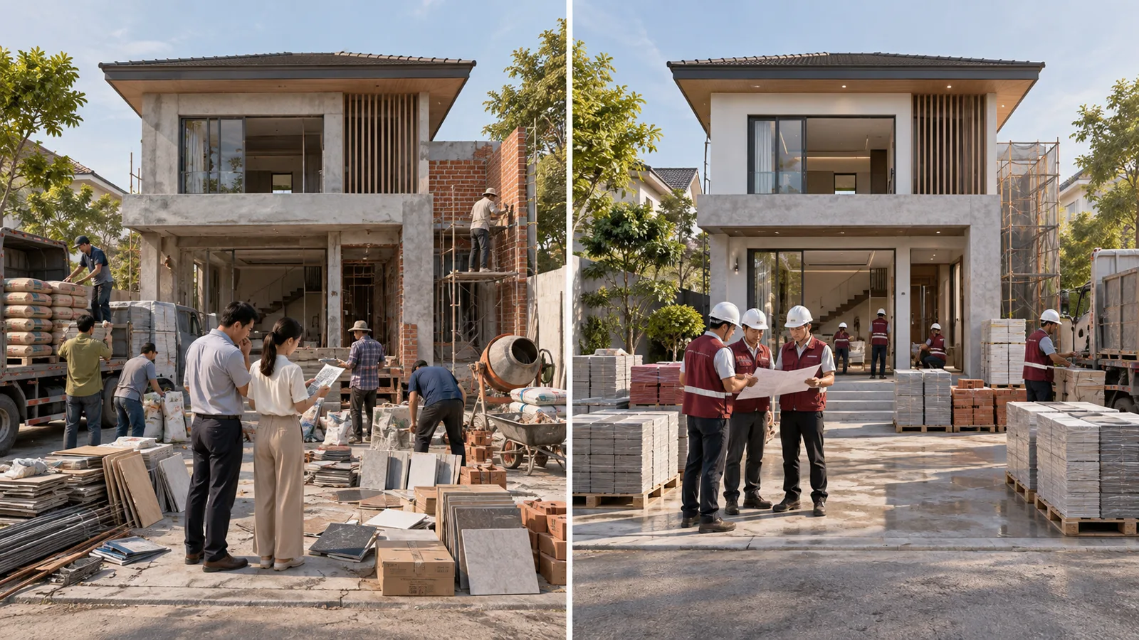 Phối cảnh so sánh công trường tự điều phối vật tư và công trường có đội quản lý tập trung