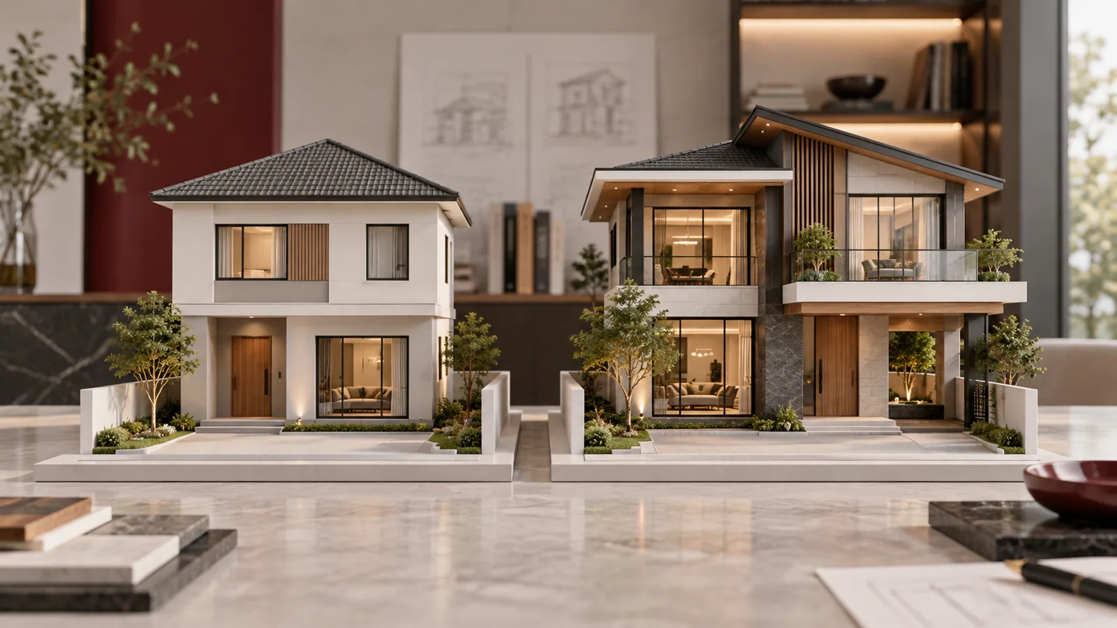 Hai mô hình nhà cùng quy mô nhưng khác độ phức tạp hình khối và vật liệu hoàn thiện