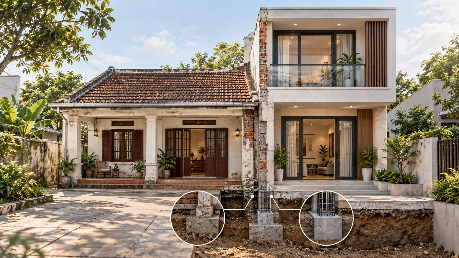 Phối cảnh so sánh sửa chữa nhà cấp bốn và xây mới nhà hai tầng trên cùng khu đất