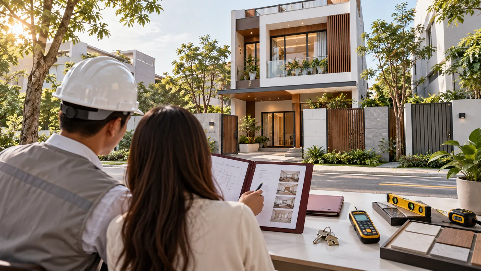 Kỹ sư và chủ nhà kiểm tra hồ sơ, dụng cụ đo và chìa khóa trước một ngôi nhà hoàn thiện