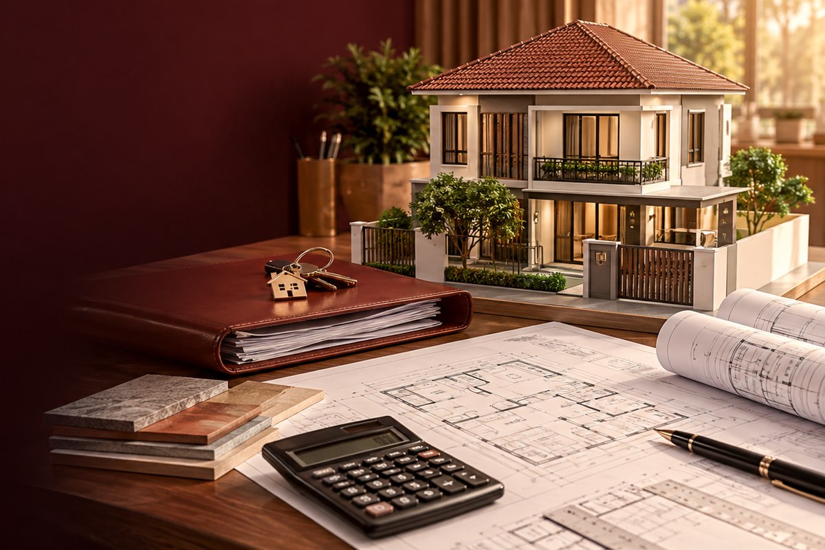 Hồ sơ dự toán và bản vẽ đặt trên bàn làm việc