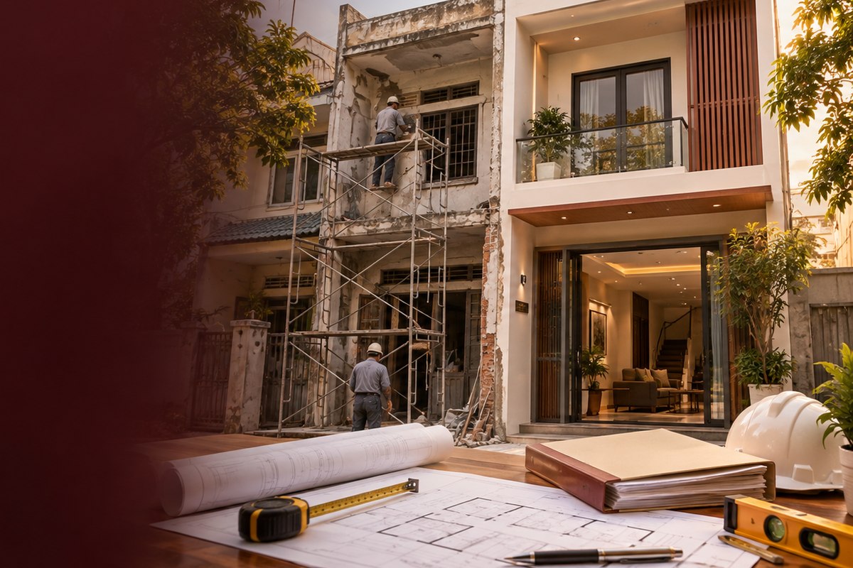 Nhà đang sửa chữa phần mặt tiền và mái