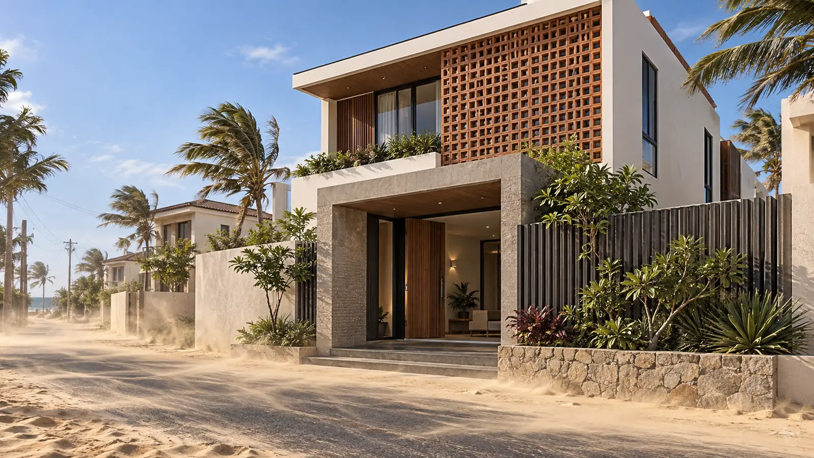 Phối cảnh nhà Phan Rang có sảnh đệm và lam chắn hạn chế cát bay vào nhà