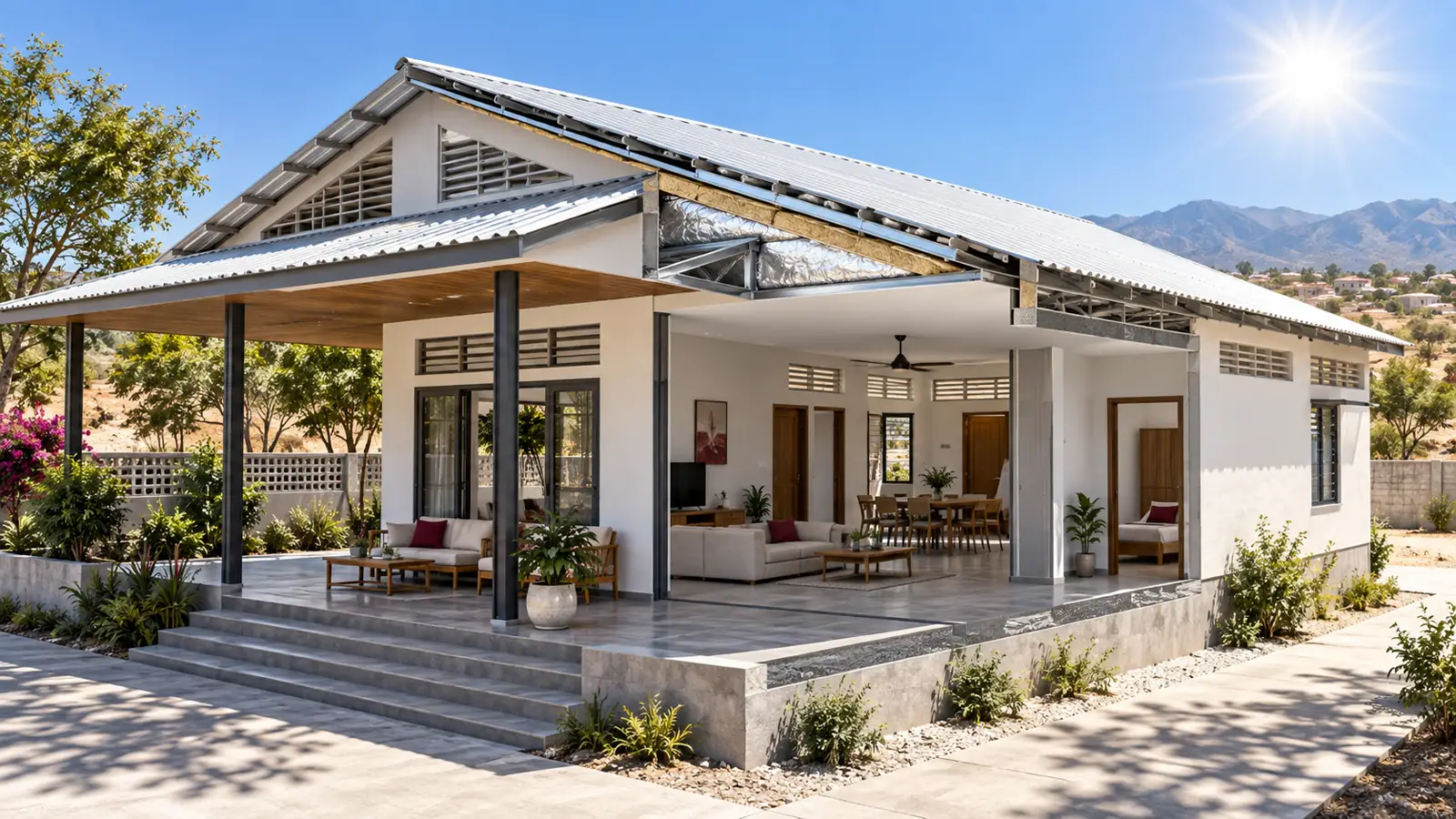 Phối cảnh cắt lớp nhà cấp bốn mái tôn có lớp cách nhiệt và thông gió tại Phan Rang