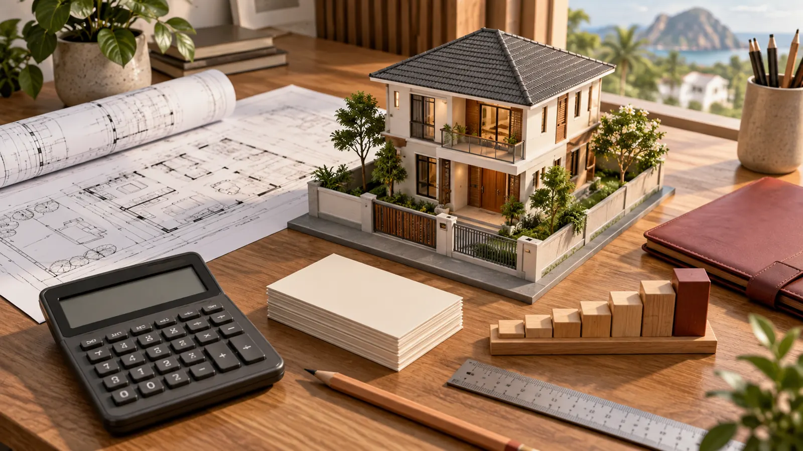Phối cảnh mô hình nhà hai tầng cùng bản vẽ và công cụ lập ngân sách vay xây nhà