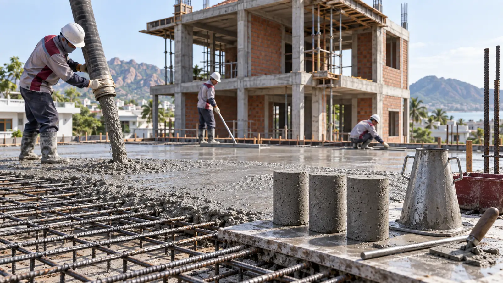 Phối cảnh kiểm soát chất lượng bê tông khi đổ sàn nhà hai tầng tại Phan Rang