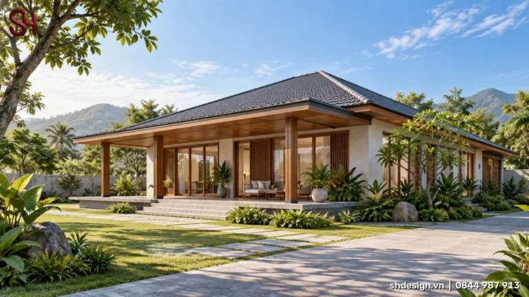 Phối cảnh 3D biệt thự 1 tầng mái Nhật ngói xám, hiên rộng cột gỗ, cửa kính lớn, sân cỏ lối đá và bồn cây nhiệt đới