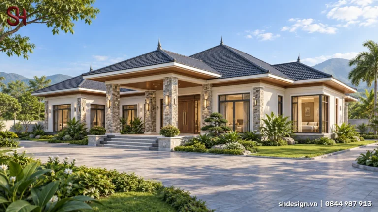 Phối cảnh 3D biệt thự 1 tầng mái Thái nhiều lớp có chóp, sảnh giữa cột ốp đá, cửa gỗ lớn, sân lát đá rộng và vườn cây