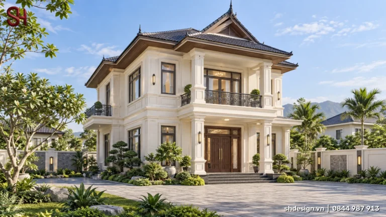 Phối cảnh 3D biệt thự 2 tầng tân cổ điển mái Thái có chóp, mặt tiền màu kem, cột trụ, ban công lan can sắt, cửa gỗ và sân rộng