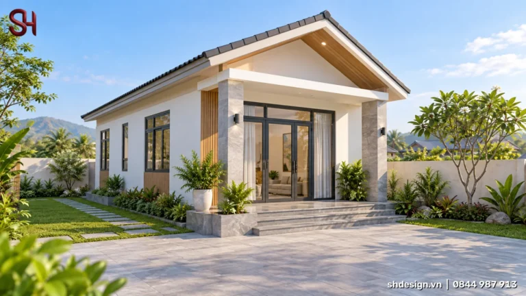 Phối cảnh 3D nhà 1 tầng mái dốc hai mái ngói xám, sảnh hiên trần gỗ, cột ốp đá, cửa kính khung đen, lam gỗ và sân lát đá