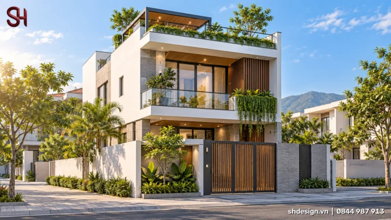 Phối cảnh 3D nhà 2 tầng mái bằng có sân thượng trồng cây và giàn pergola, ban công kính cây rủ, lam gỗ, cổng gỗ, tường rào cao