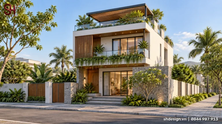 Phối cảnh 3D nhà 2 tầng mái bằng có sân thượng trồng cây và giàn pergola gỗ, ban công cây rủ, lam gỗ, tường ốp đá, cổng gỗ