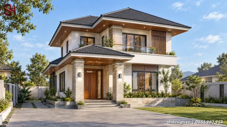 Phối cảnh 3D nhà 2 tầng mái ngói dốc thấp, đua rộng ốp gỗ, cột ốp đá ở sảnh, ban công kính và sân vườn cỏ phía trước