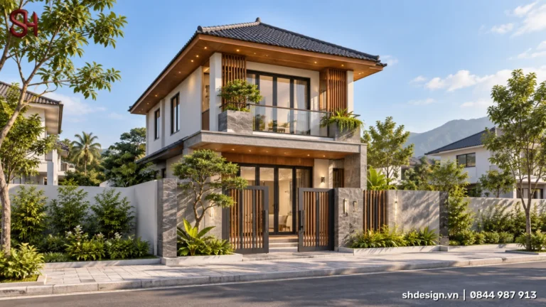 Phối cảnh 3D nhà 2 tầng mái ngói đua rộng, ban công kính có bồn cây, lam gỗ hai bên, cổng nan gỗ và tường rào ốp đá