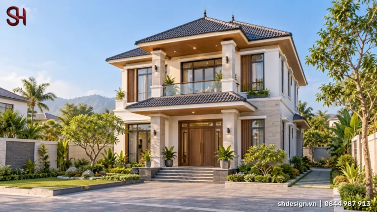 Phối cảnh 3D nhà 2 tầng mái ngói hai lớp, cột ốp đá, cửa gỗ lớn, ban công kính và sân lát đá với vườn cây nhiệt đới