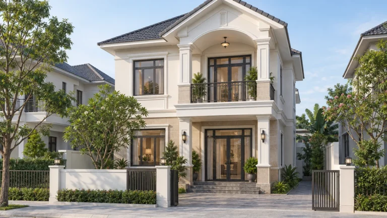Phối cảnh 3D nhà 2 tầng tân cổ điển nhẹ màu trắng kem, cột và phào chỉ giản lược, ban công giữa có mái, mái Thái ngói xám