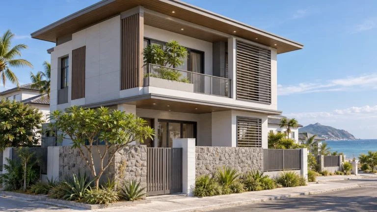Phối cảnh 3D nhà 2 tầng ven biển, mái đua rộng, lam nhôm ngang, ban công kính, tường rào ốp đá tự nhiên, nhìn ra biển