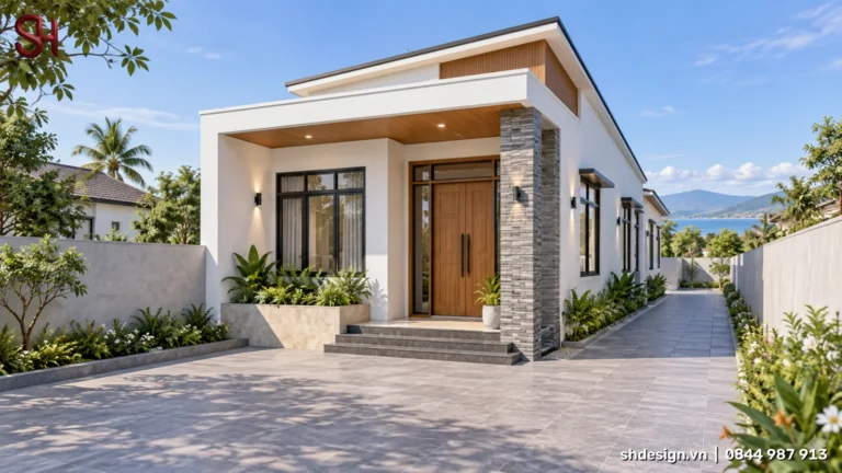 Phối cảnh 3D nhà cấp 4 hiện đại mái lệch, hiên trước trần gỗ, cột ốp đá xám, cửa gỗ và lối đi hông lát đá