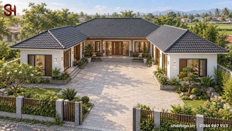 Phối cảnh 3D nhà cấp 4 chữ U mái Nhật ngói xám, tường trắng, sân lát đá rộng ở giữa, hàng rào gỗ và vườn hoa quanh nhà