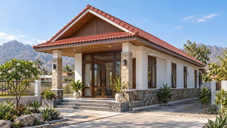 Phối cảnh 3D nhà cấp 4 mái ngói đỏ dốc, hiên trước có cột ốp đá, cửa gỗ, chân tường ốp đá và sân trước trồng cây chịu hạn