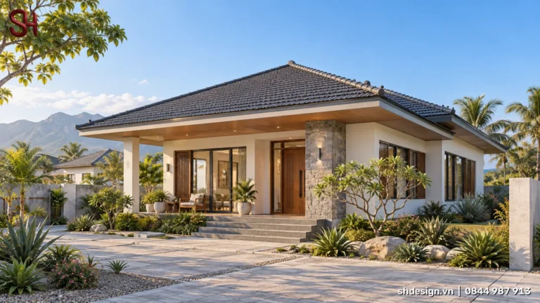 Phối cảnh 3D nhà cấp 4 mái Nhật ngói xám, tường trắng, cột ốp đá, hiên rộng trần gỗ, cửa chớp gỗ, vườn cây chịu hạn phía trước
