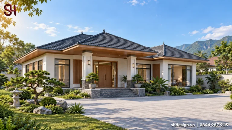 Phối cảnh 3D nhà cấp 4 mái Nhật nhiều lớp, ngói xám, tường trắng ốp gỗ, cửa kính lớn, sân lát rộng, vườn cây cảnh và đèn đá