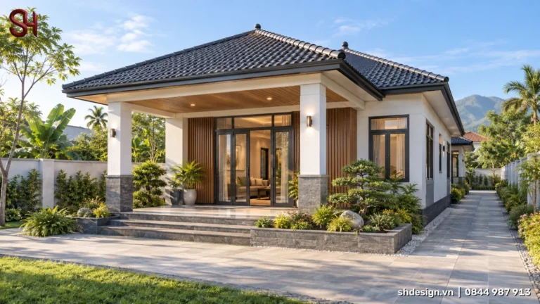 Phối cảnh 3D nhà cấp 4 mái Nhật ngói xám, hiên trước sâu có trần gỗ, cửa kính khung đen, lối đi lát đá dọc hông nhà