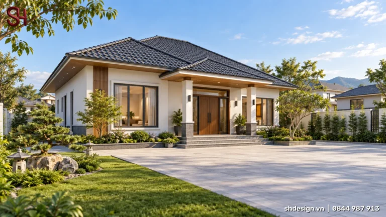 Phối cảnh 3D nhà cấp 4 mái Nhật ngói xám, sảnh nhô có hai cột, cửa gỗ, sân lát rộng, bãi cỏ và cây cảnh phía trước