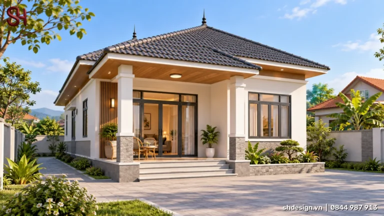 Phối cảnh 3D nhà cấp 4 mái Thái ngói xám có chóp, hiên trước trần gỗ đặt bàn ghế mây, cửa kính khung đen, chân cột ốp đá