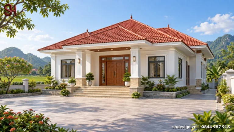 Phối cảnh 3D nhà cấp 4 mái Thái ngói đỏ, tường trắng, cột vuông chỉ phào, cửa gỗ lớn, bậc tam cấp và sân lát rộng