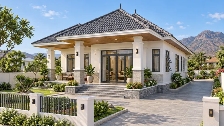 Phối cảnh 3D nhà cấp 4 mái Thái ngói xám, hiên trước có cột trắng chân ốp đá, cửa kính lớn, sân lát đá và hàng rào thấp
