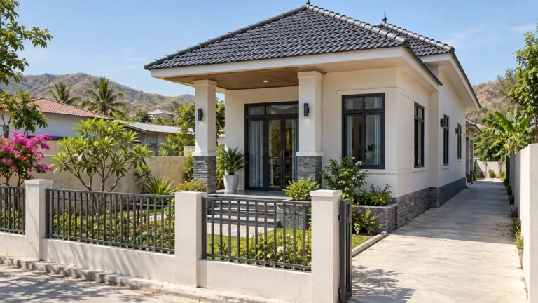 Phối cảnh 3D nhà cấp 4 mái Thái ngói xám nhỏ gọn, sảnh cột ốp đá, cửa kính khung đen, hàng rào sắt và lối đi bên hông
