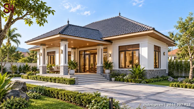 Phối cảnh 3D nhà cấp 4 mái Thái ngói xám, hiên trước có cột ốp đá, cửa kính khung gỗ, sân lát đá và vườn cây xanh