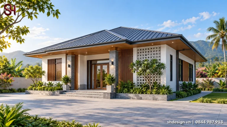 Phối cảnh 3D nhà cấp 4 mái tôn sóng đứng màu xám, hiên trần gỗ, mảng gạch bông gió trắng, lam gỗ dọc và sân lát đá rộng