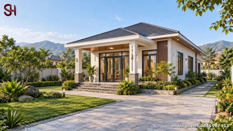 Phối cảnh 3D nhà cấp 4 mái Thái ngói xám, hiên cột trắng, cửa kính khung đen lớn, lam gỗ dọc, sân cỏ và lối đi lát đá