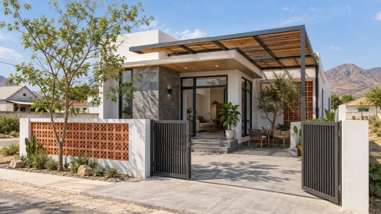 Phối cảnh 3D nhà cấp 4 mái bằng, giàn pergola gỗ che sân trước, tường ốp đá xám, tường rào gạch bông gió đỏ và cổng sắt