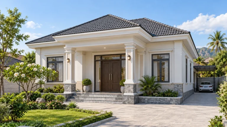 Phối cảnh 3D nhà cấp 4 tân cổ điển nhẹ, mái Thái ngói xám, sảnh cột trắng chân ốp đá, cửa gỗ và sân cỏ trước nhà