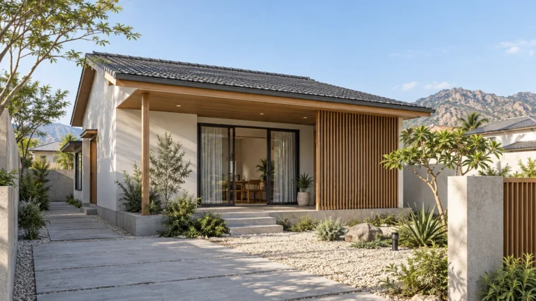 Phối cảnh 3D nhà cấp 4 tối giản kiểu Nhật mái thấp ngói xám, hiên gỗ sâu, lam gỗ đứng, cửa kính trượt và sân sỏi trắng