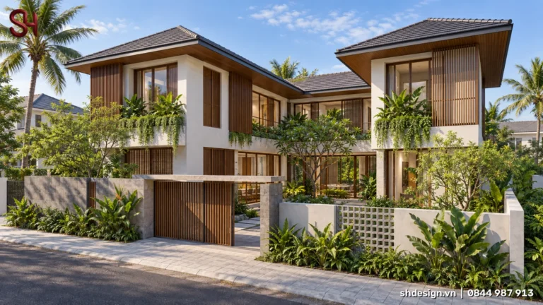 Phối cảnh 3D nhà 2 tầng chữ U mái ngói xám, hai khối ôm sân trong, lam gỗ dọc, ban công cây rủ, cổng gỗ và tường gạch bông gió
