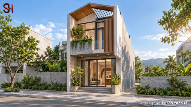 Phối cảnh 3D nhà phố 2 tầng hẹp, tường bê tông xám, khung mái chữ A trần gỗ có ô kính, bồn cây ban công, lam gỗ và cửa kính lớn
