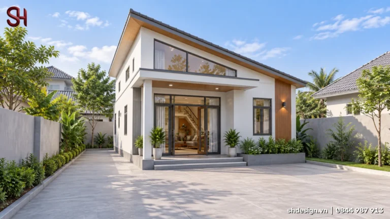 Phối cảnh 3D nhà 1 tầng có gác lửng, mái lệch lợp ngói, ô kính lấy sáng trên cao, hiên cột và sân trước lát gạch rộng