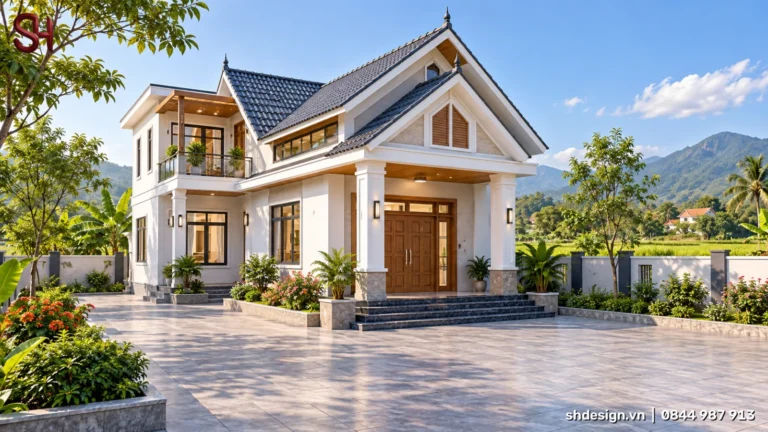 Phối cảnh 3D nhà mái Thái lợp ngói xám có gác lửng, hiên cột trắng, cửa gỗ lớn, ban công bên trái và sân trước rộng