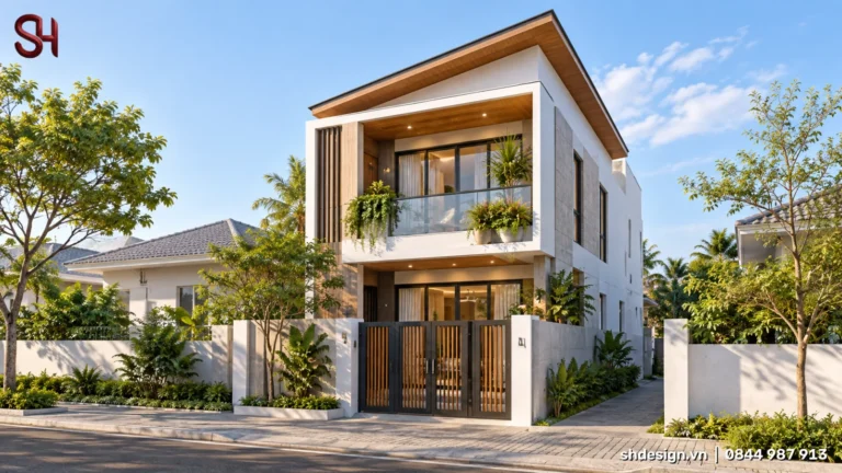 Phối cảnh 3D nhà 2 tầng mái lệch, ban công kính có chậu cây, lam gỗ đứng, cổng sắt nan gỗ và sân vườn nhỏ
