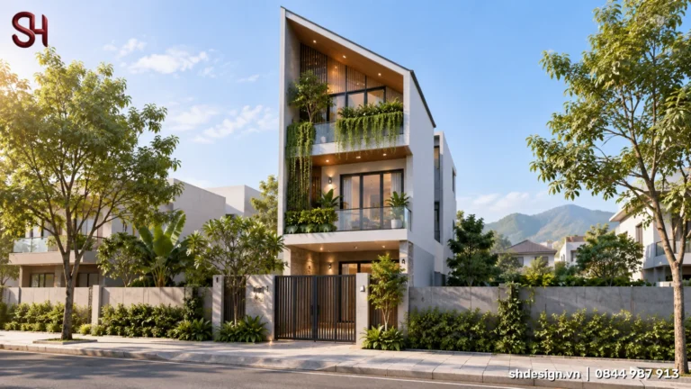 Phối cảnh 3D nhà phố 3 tầng mái lệch cao, ban công hai tầng phủ cây rủ, lam gỗ trên cùng, cổng sắt và tường rào cây