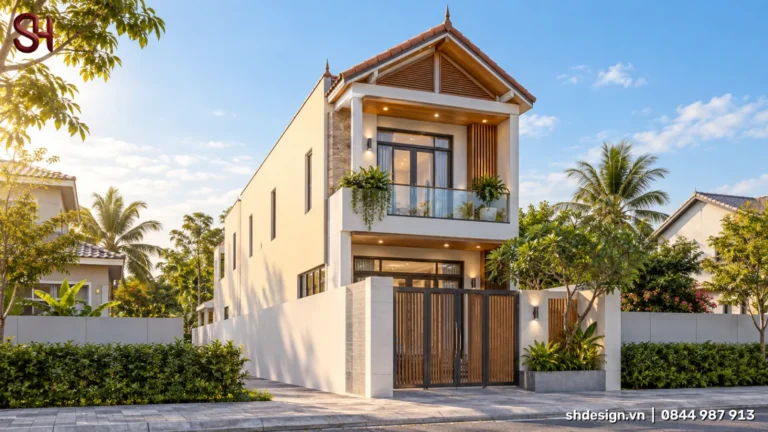 Phối cảnh 3D nhà ống 2 tầng mái ngói dốc kiểu Thái, đầu hồi lam gỗ, ban công kính có cây, cổng lam gỗ và tường rào trắng