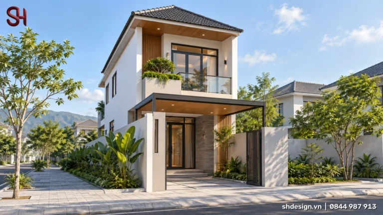 Phối cảnh 3D nhà phố 2 tầng mái Nhật ngói xám đua rộng, ban công kính có bồn cây, hiên khung thép, sân trước lát đá