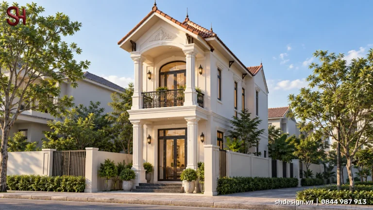 Phối cảnh 3D nhà tân cổ điển 2 tầng mái Thái ngói đỏ, cột tròn hai tầng, ban công lan can sắt, cửa vòm kính, bậc tam cấp