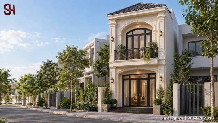 Phối cảnh 3D nhà phố tân cổ điển 2 tầng màu kem, mái ngói xám dốc bốn phía, cửa vòm kính lớn, ban công lan can sắt, bậc tam cấp