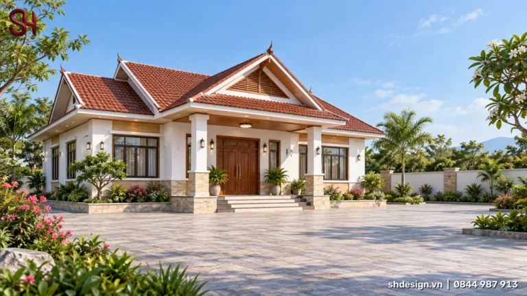 Phối cảnh 3D nhà vườn 1 tầng mái Thái ngói đỏ, hiên có cột ốp đá, cửa gỗ lớn, sân lát đá rộng và vườn hoa quanh nhà
